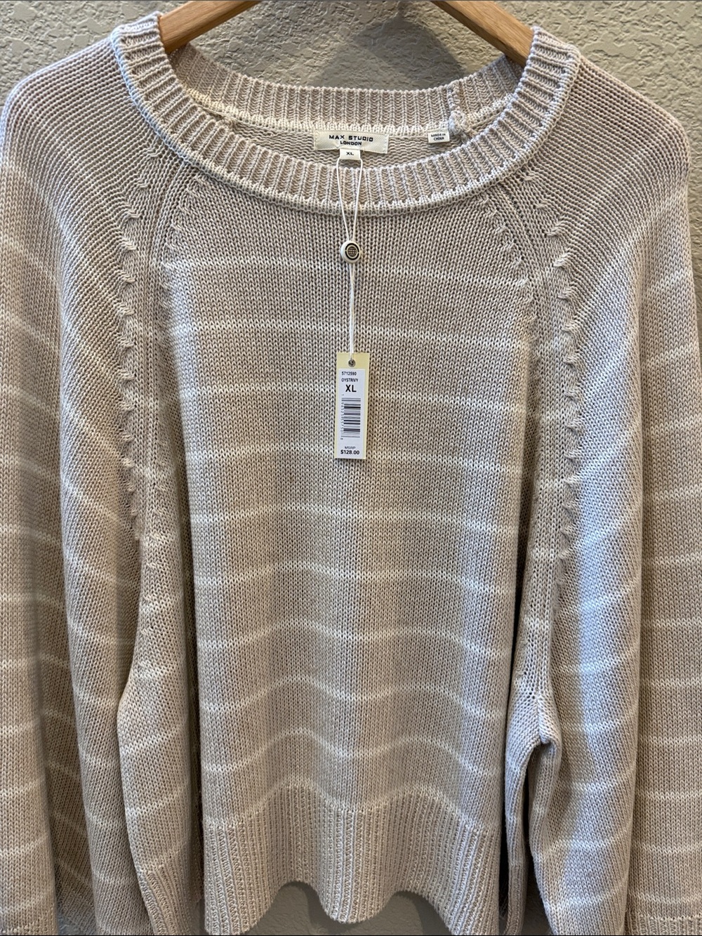 NWT Max Studio London Linen Blend Wide Arm Sweater, Tan w/Oyster Stripe, XL